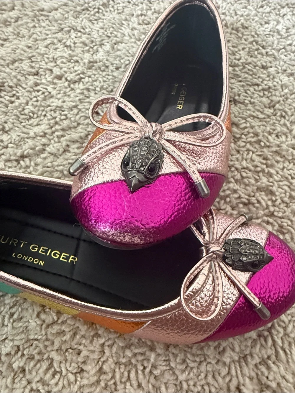 Kurt Geiger Metallic Rainbow Bow Ballet Flats - Pink, Rose Gold, Orange, Green